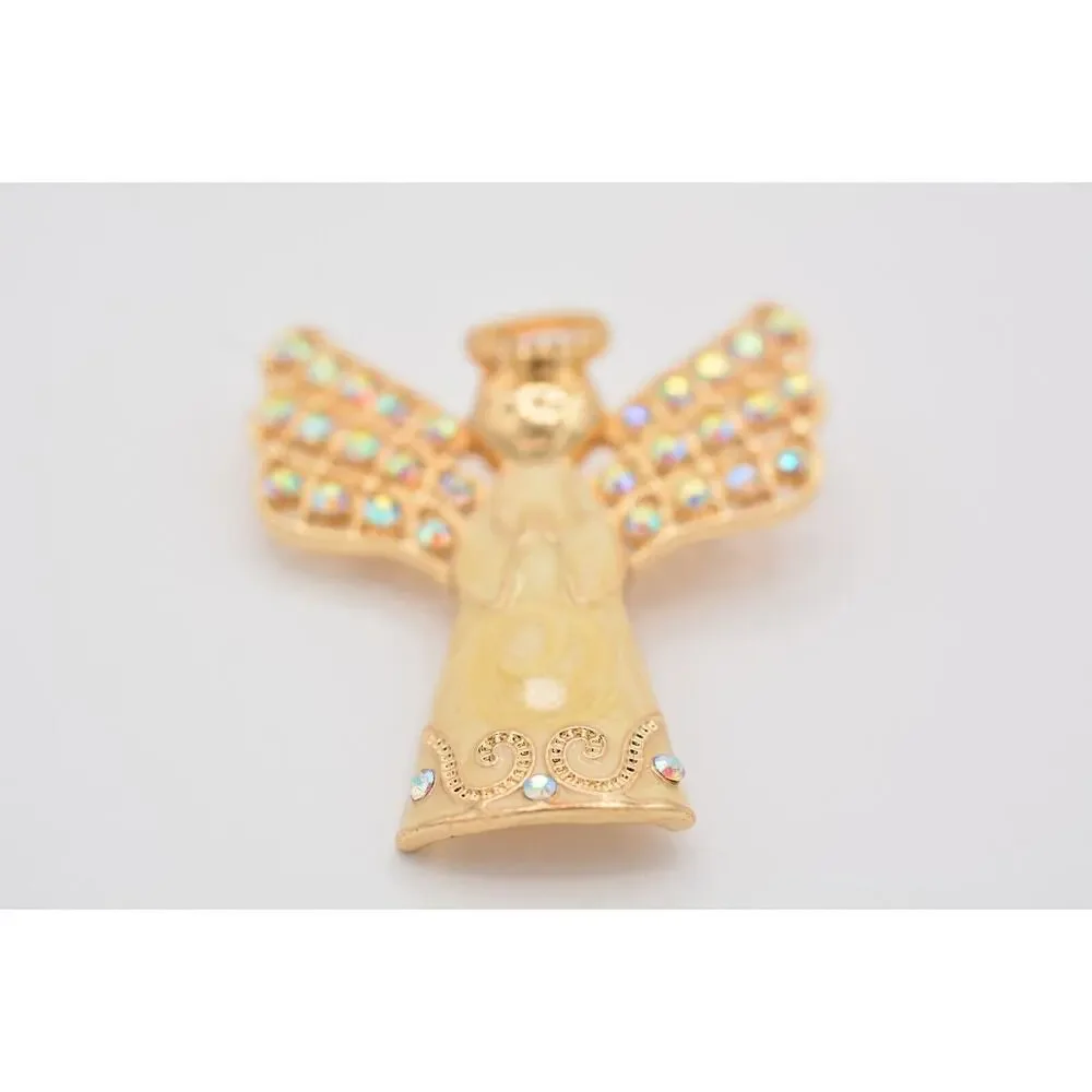 Monet Vintage Crystal Angel Pin Brooch Enamel Gold AB Rhinestone Christmas BinAT